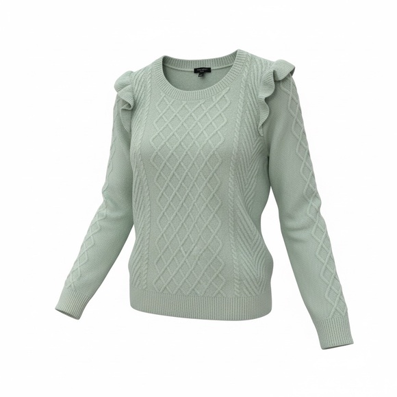 Talbots Sweaters - Talbots Cable Knit Feminine Ruffle Sweater Frosty Pastel Green Sz M Petite